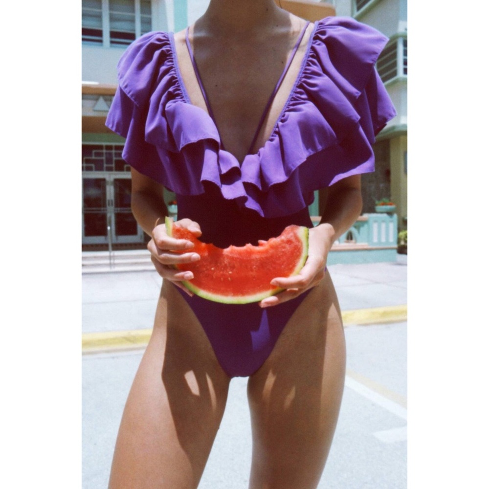 Zara Ruffled Deep V-neck One Piece Swimsuit Size Medium - Picture 1 of 13
